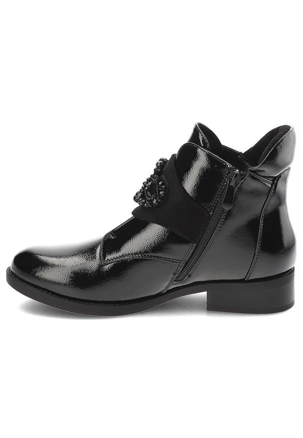 Czarne Botki S.Barski Eleganckie Obuwie Damskie Z Ozdobą. Okazja: na co dzień. Kolor: czarny. Materiał: lakier, materiał. Wzór: aplikacja. Obcas: na obcasie. Styl: elegancki. Wysokość obcasa: niski