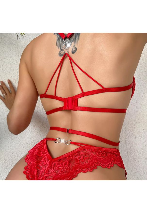Intica - Komplet bielizny push-up z koronką i sercami Lotty. Kolor: czerwony. Materiał: koronka. Wzór: koronka