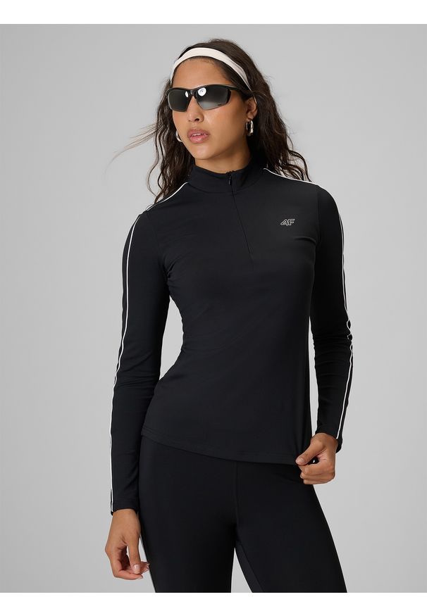 4f - 4F Longsleeve slim gładki damski - czarny XL. Okazja: na co dzień. Typ kołnierza: kołnierzyk stójkowy. Kolor: czarny. Materiał: dresówka, materiał, dzianina. Długość rękawa: długi rękaw. Długość: długie. Wzór: gładki. Styl: casual, sportowy