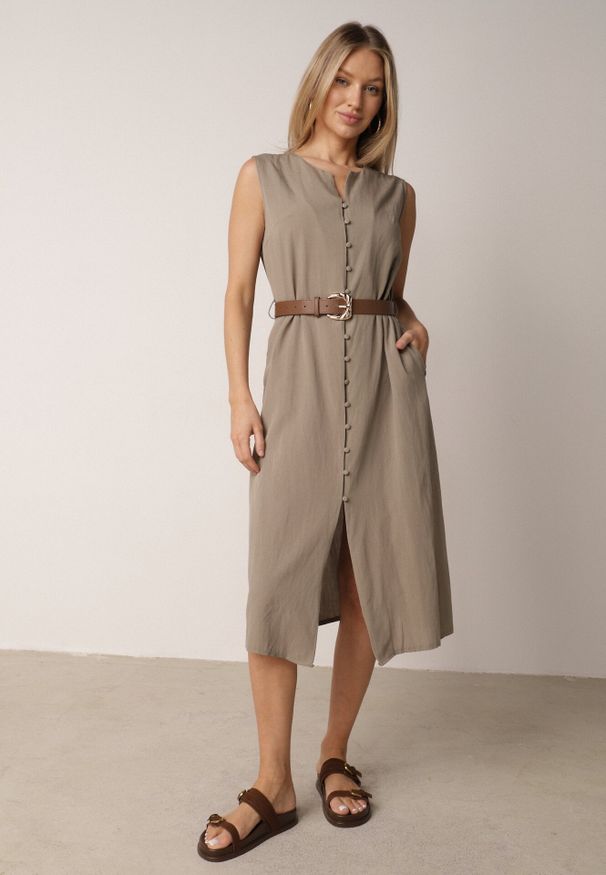 Born2be - Zielona Taliowana Sukienka z Bawełną i Wiskozą Ozdobiona Paskiem Luven. Okazja: na co dzień. Kolor: zielony. Materiał: wiskoza, bawełna. Wzór: aplikacja. Typ sukienki: proste. Styl: elegancki, casual