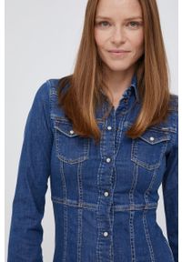 Pepe Jeans Sukienka jeansowa mini dopasowana. Kolor: niebieski. Materiał: tkanina. Długość rękawa: długi rękaw. Wzór: gładki. Typ sukienki: dopasowane. Długość: mini #3