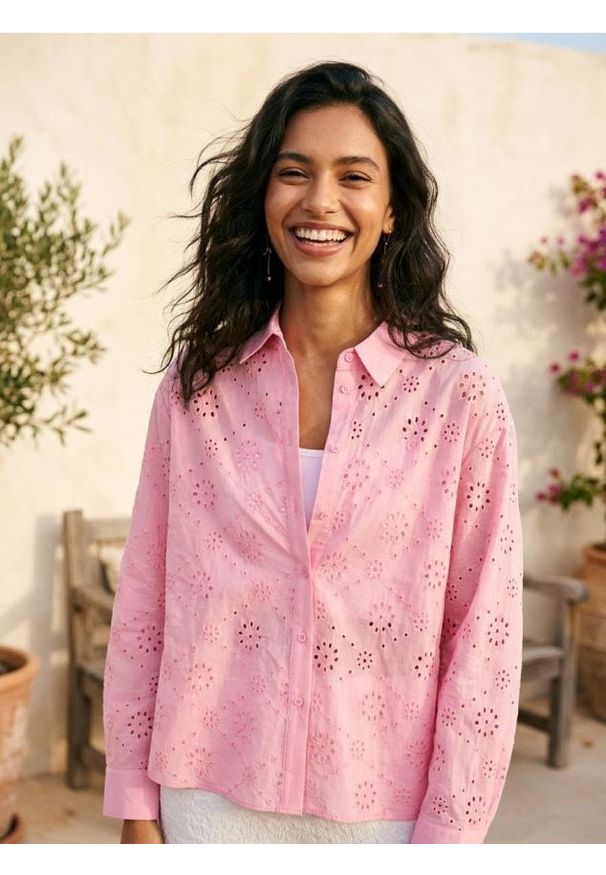 Sinsay - Ażurowa koszula - różowy. Kolor: różowy. Wzór: ażurowy