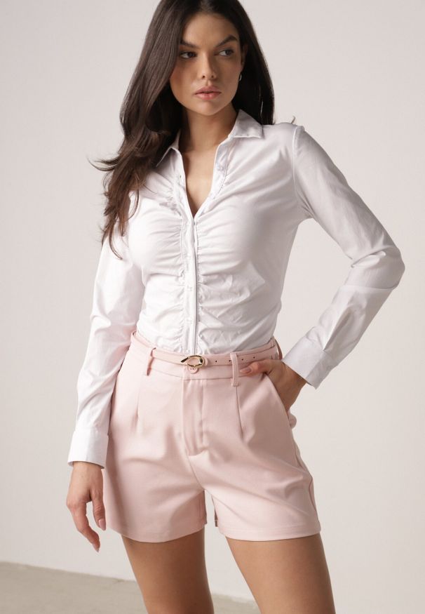 Born2be - Różowe Eleganckie Szorty z Wysokim Stanem i Wąskim Paskiem z Klamrą Rissarah. Okazja: na co dzień. Stan: podwyższony. Kolor: różowy. Wzór: gładki. Styl: elegancki