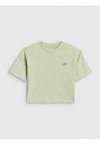 4f - 4F T-shirt loose gładki dziewczęcy - zielony 134/140 (8-10 lat). Okazja: na spacer, na co dzień, na uczelnię. Kolor: turkusowy. Materiał: dzianina, bawełna, skóra, materiał. Wzór: gładki. Sezon: lato. Styl: casual #1