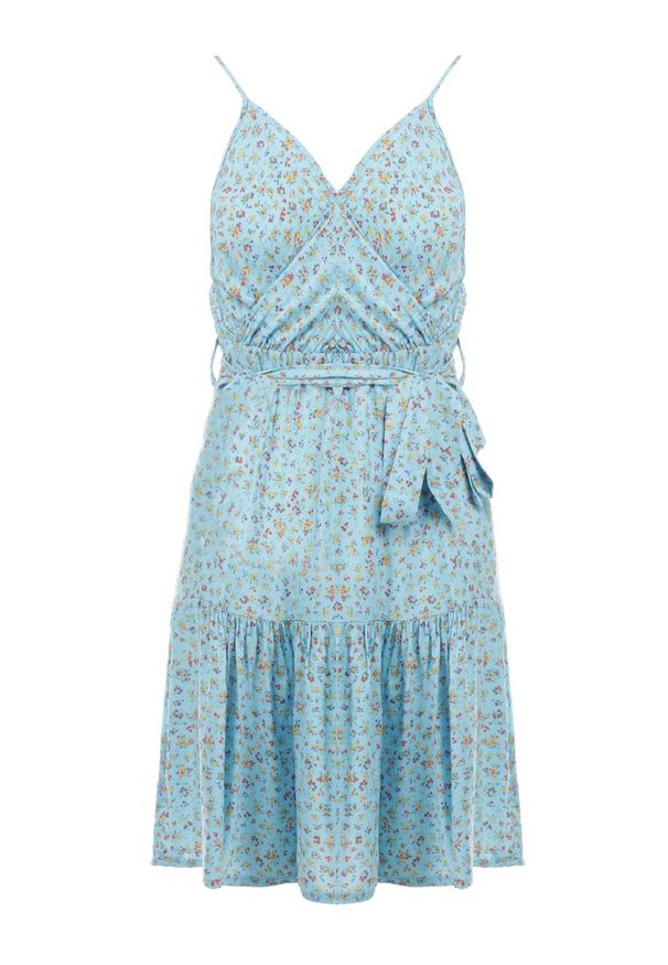 Born2be - Niebieska Sukienka z Wiskozy Eudaia. Okazja: na co dzień. Kolor: niebieski. Materiał: wiskoza. Długość rękawa: na ramiączkach. Wzór: kwiaty. Styl: elegancki, klasyczny, casual