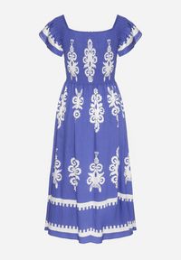 Born2be - Niebieska Wiskozowa Sukienka w Ornamentalne Wzory o Rozkloszowanym Kroju Divessa. Kolor: niebieski. Materiał: wiskoza. Długość rękawa: krótki rękaw. Typ sukienki: proste #3
