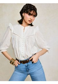 Big-Star - Bluzka damska bawełniana z rękawem 3/4 biała Bohna 100. Okazja: na spacer, na spotkanie biznesowe, do pracy. Typ kołnierza: kołnierzyk stójkowy, kołnierz z falbankami. Kolor: biały. Materiał: bawełna. Wzór: ażurowy, haft, aplikacja. Styl: biznesowy, elegancki, boho #7