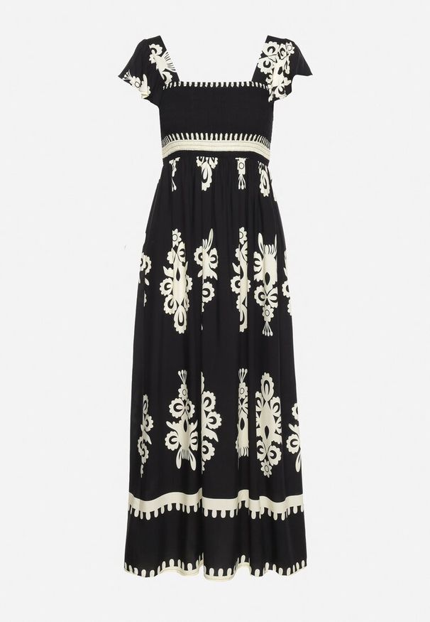 Born2be - Czarna Boho Sukienka z Wiskozy na Szerokich Ramiączkach z Gumkami w Pasie i Falbanką Cleria. Okazja: na co dzień. Kolor: czarny. Materiał: wiskoza. Długość rękawa: na ramiączkach. Styl: boho