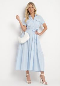 Born2be - Niebieska Sukienka z Bawełny o Koszulowym Kroju z Wiązaniem w Talii Wosofia. Okazja: do pracy. Kolor: niebieski. Materiał: bawełna. Typ sukienki: koszulowe. Styl: elegancki #4