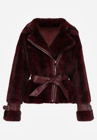 Born2be - Bordowa Futrzana Kurtka z Paskiem z Imitacji Skóry i Ozdobnymi Sprzączkami Oryss. Okazja: na co dzień. Kolor: czerwony. Materiał: futro, skóra. Styl: casual #4