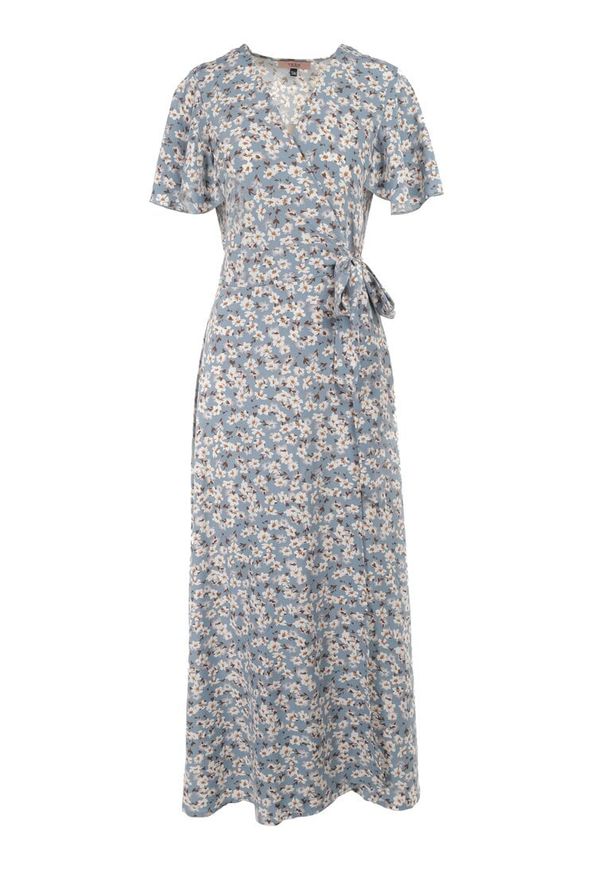 Renee - Niebieska Sukienka Klephithise. Typ kołnierza: dekolt w serek. Kolor: niebieski. Materiał: wiskoza. Długość rękawa: krótki rękaw. Wzór: kwiaty. Sezon: lato. Typ sukienki: kopertowe. Długość: maxi