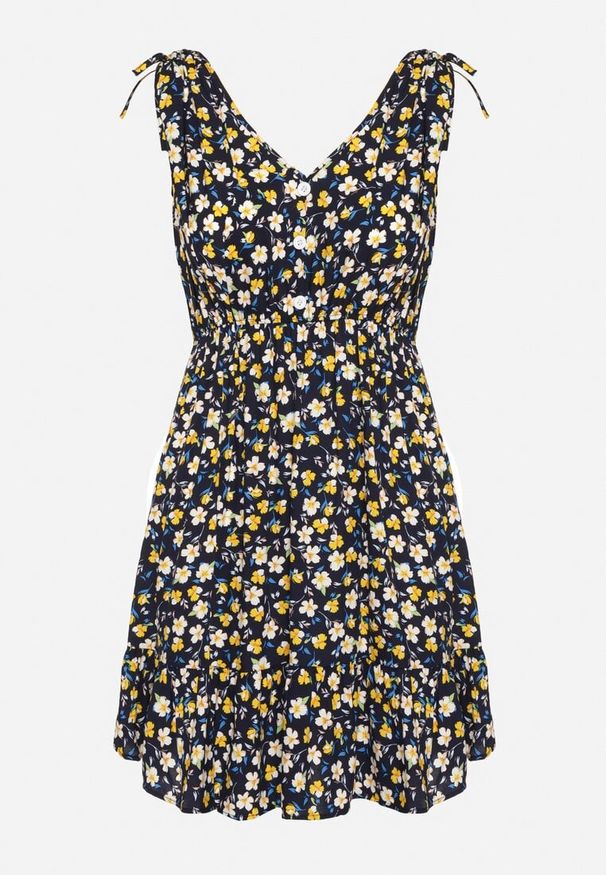 Born2be - Granatowa Rozkloszowana Bawełniana Sukienka w Kwiaty z Gumką w Pasie Evieles. Okazja: na spacer, na co dzień. Typ kołnierza: dekolt w kształcie V. Kolor: niebieski. Materiał: bawełna. Wzór: kwiaty. Sezon: wiosna, lato. Styl: casual, klasyczny