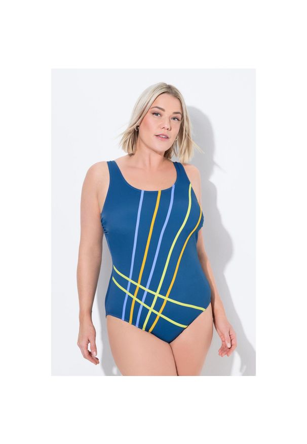 ULLA POPKEN - Damski Strój kąpielowy kolorowe wypustki bez miękkich miseczek. Kolekcja: plus size. Kolor: niebieski. Materiał: poliamid, poliester, materiał, elastan. Wzór: kolorowy