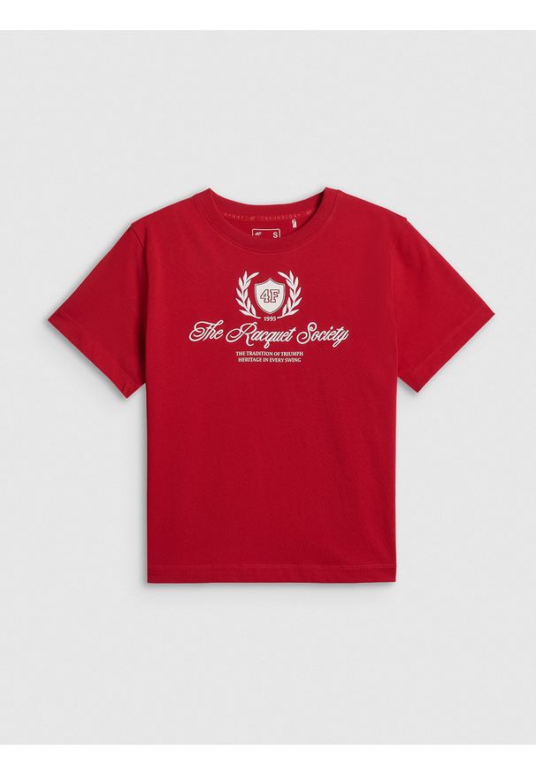 4f - 4F T-shirt boxy z nadrukiem damski - czerwony XS. Okazja: na co dzień. Kolor: czerwony. Materiał: dzianina, bawełna, materiał. Wzór: nadruk. Styl: casual