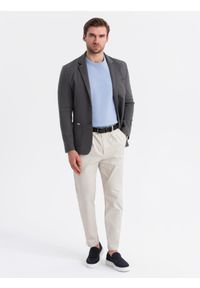 Ombre Clothing - Męska marynarka SLIM z dzianiny o subtelnej strukturze – grafitowa V1 - Rozmiar: M. Okazja: do pracy. Kolor: szary. Materiał: dzianina. Wzór: kolorowy. Styl: klasyczny