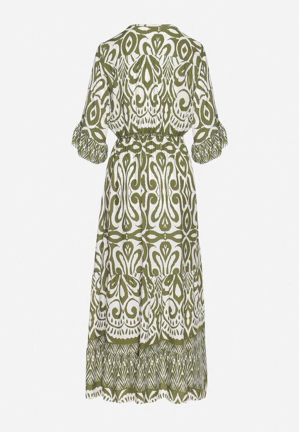 Born2be - Zielona Sukienka Bawełniana w Ornamentalny Wzór z Gumką w Talii Orrielle. Okazja: na co dzień. Typ kołnierza: dekolt w serek. Kolor: zielony. Materiał: bawełna. Typ sukienki: sportowe. Styl: casual, sportowy