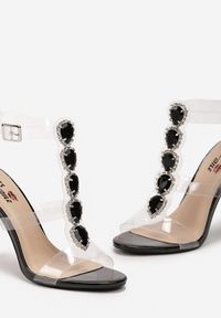 Renee - Czarne Transparentne Sandały na Szpilce Ozdobione Cyrkoniami Iselar. Kolor: czarny. Wzór: aplikacja. Obcas: na szpilce #4