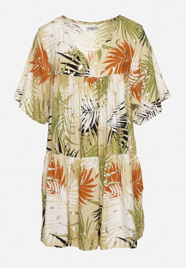 Born2be - Biało-Pomarańczowa Rozkloszowana Sukienka z Dekoltem w Serek i Falbanką Tiamaria. Okazja: na co dzień. Typ kołnierza: dekolt w serek. Kolor: biały. Typ sukienki: rozkloszowane, proste. Styl: casual, elegancki, wizytowy