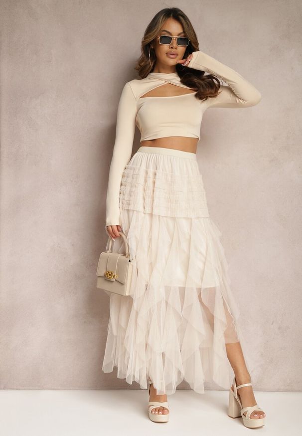Renee - Jasnobeżowa Rozkloszowana Spódnica Maxi z Podszewką i Tiulem Esmerallda. Okazja: na co dzień. Kolor: beżowy. Materiał: tiul. Styl: elegancki, casual
