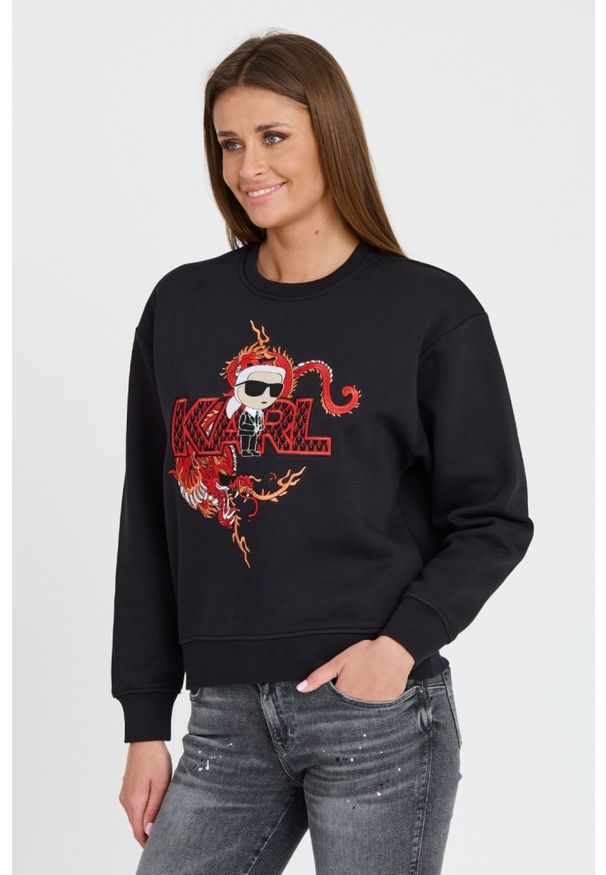 Karl Lagerfeld - KARL LAGERFELD Czarna damska bluza ikonik lny, Rozmiar XS. Kolor: czarny. Materiał: len. Wzór: haft