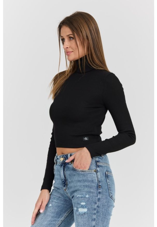 Calvin Klein - CALVIN KLEIN Czarny damski krótki golf. Typ kołnierza: golf. Kolor: czarny. Materiał: materiał, elastan, bawełna. Długość: krótkie. Styl: elegancki