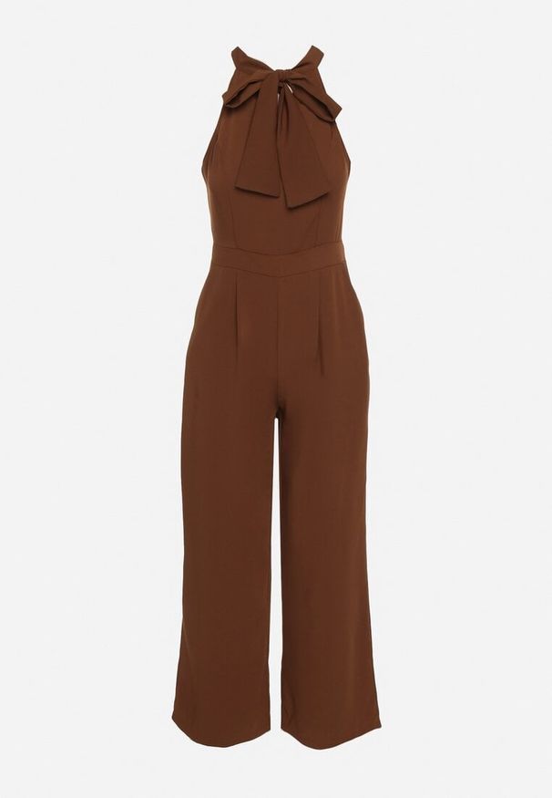Born2be - Brązowy Kombinezon Bez Rękawów z Ozdobnym Wiązaniem i Szerokimi Nogawkami Silarine. Okazja: na co dzień. Kolor: brązowy. Materiał: jeans. Długość rękawa: bez rękawów. Styl: klasyczny, casual, elegancki, sportowy
