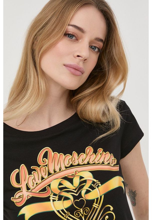 Love Moschino t-shirt bawełniany kolor czarny. Okazja: na co dzień. Kolor: czarny. Materiał: bawełna. Długość rękawa: krótki rękaw. Długość: krótkie. Styl: casual