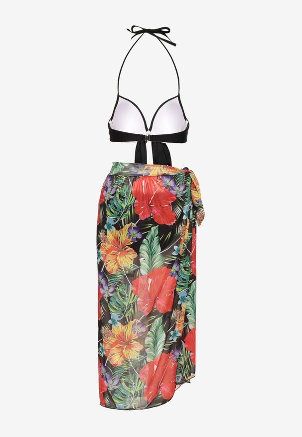 Born2be - Czarne Bikini Wiązany Biustonosz Majtki Typu Figi Pareo w Kwiaty Folava. Kolor: czarny. Wzór: kwiaty