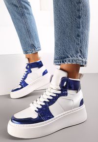 Renee - Biało-Granatowe Sznurowane Sneakersy za Kostkę z Brokatem i Metalicznymi Wstawkami Sareena. Wysokość cholewki: za kostkę. Kolor: biały #1