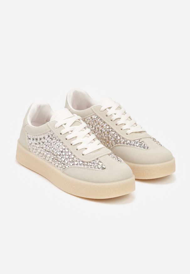 Renee - Beżowe Sneakersy na Platformie z Cyrkoniami Moonblaze. Kolor: beżowy. Materiał: jeans. Obcas: na platformie