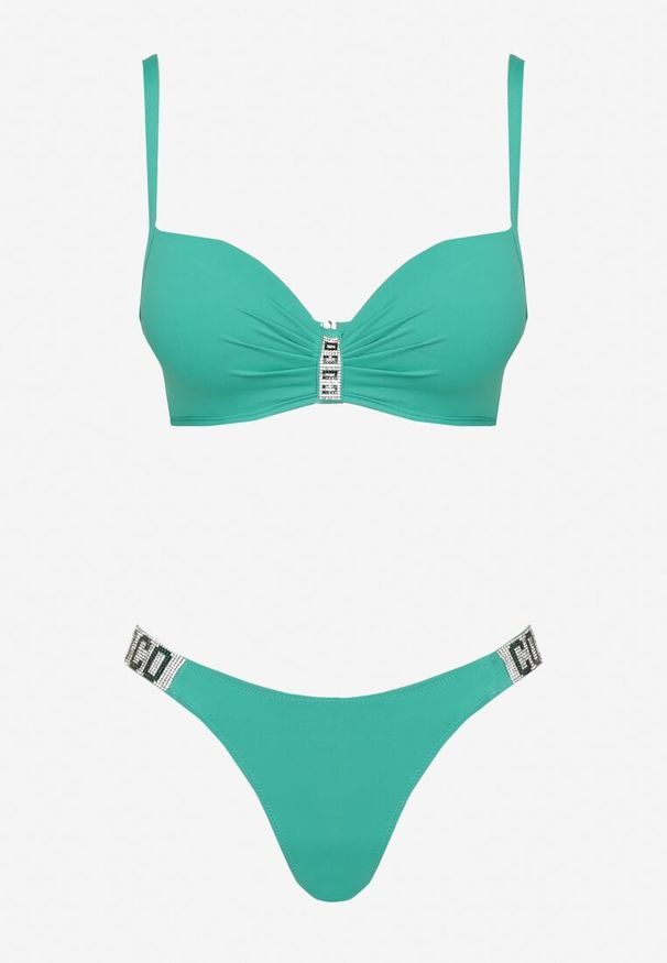 Born2be - Zielone Bikini Biustonosz i Majtki Figi z Cyrkoniowymi Zdobieniami Galivra. Kolor: zielony. Wzór: aplikacja