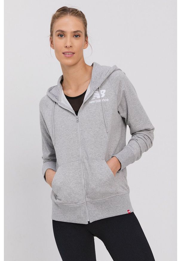 New Balance - Bluza. Typ kołnierza: kaptur. Kolor: szary. Materiał: dzianina
