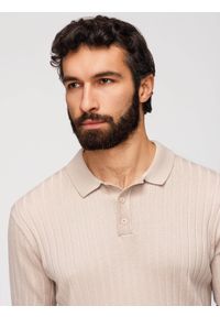 Ombre Clothing - Koszulka męska polo z wiskozą SLIM FIT w pionowy prążek – beżowa V2 - Rozmiar: S. Okazja: na co dzień. Typ kołnierza: polo. Kolor: beżowy. Materiał: wiskoza. Długość rękawa: krótki rękaw. Długość: krótkie. Wzór: prążki. Styl: casual, klasyczny