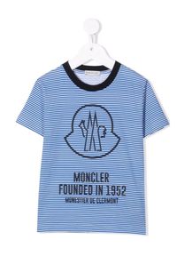 MONCLER KIDS - Koszulka w prążki z logo 4-14 lat. Kolor: niebieski. Materiał: tkanina. Wzór: prążki. Sezon: lato