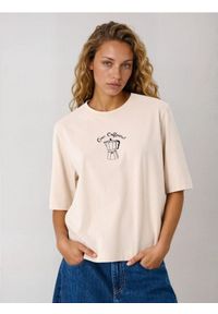 Sinsay - Bawełniana koszulka z haftem - kremowy. Kolor: kremowy. Materiał: bawełna. Wzór: haft #1