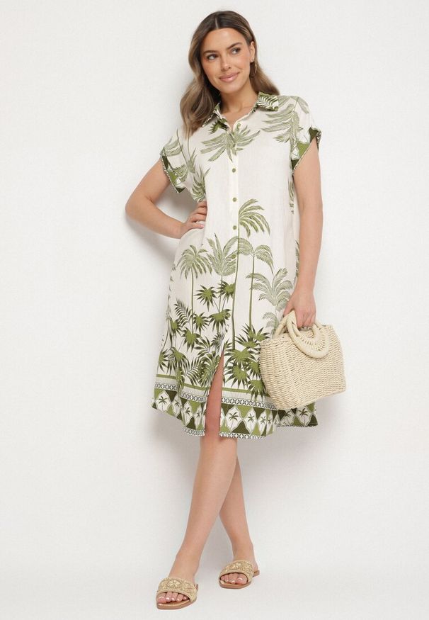 Born2be - Zielona Koszulowa Sukienka Oversize z Wiskozą Folassa. Okazja: na co dzień. Typ kołnierza: kołnierzyk klasyczny. Kolor: zielony. Materiał: wiskoza. Długość rękawa: krótki rękaw. Typ sukienki: oversize, koszulowe. Styl: elegancki, casual, klasyczny