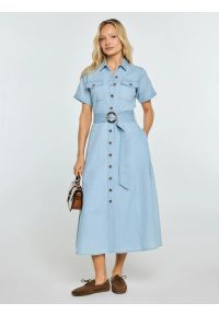 Big-Star - Sukienka damska midi jeansowa trapezowa niebieska Becca 136. Okazja: na co dzień. Kolor: niebieski. Materiał: jeans. Długość rękawa: krótki rękaw. Typ sukienki: trapezowe. Styl: casual. Długość: midi #1