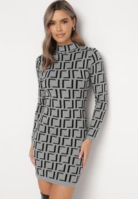 Born2be - Szara Sukienka Mini ze Sweterkowego Materiału w Geometryczny Wzór Lenikes. Kolor: szary. Materiał: materiał. Wzór: geometria. Długość: mini #1