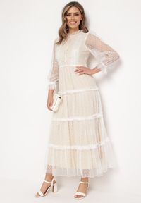 Born2be - Biała Rozkloszowana Sukienka Maxi z Przezroczystszego Tiulu Ozdobiona Koronką Lanessa. Kolor: biały. Materiał: tiul, koronka. Wzór: aplikacja, koronka. Długość: maxi #5