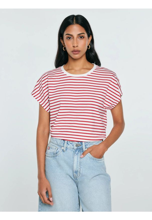 Big-Star - Koszulka damska w paski biało-czerwona Aleksa 603. Kolor: czerwony. Materiał: dzianina, bawełna, żakard. Wzór: paski