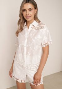 Born2be - Biały Bawełniany Komplet w Stylu Boho Koszula i Szorty z Haftem Lephine. Kolor: biały. Materiał: bawełna. Wzór: haft #2