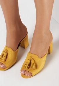 Born2be - Żółte Klapki Haseisa. Nosek buta: okrągły. Kolor: żółty. Materiał: jeans, len. Wzór: aplikacja, gładki. Obcas: na słupku #3