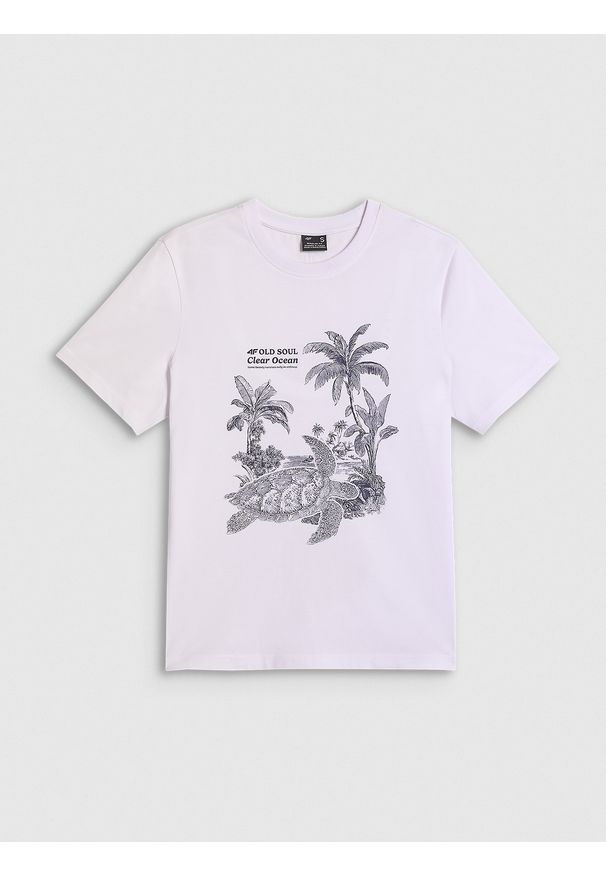 4f - 4F T-shirt relaxed z nadrukiem damski - biały M. Okazja: na co dzień. Kolor: biały. Materiał: bawełna, jeans, dzianina. Wzór: nadruk. Styl: klasyczny, casual
