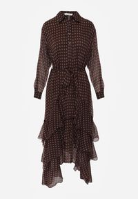 Renee - Brązowa Sukienka o Koszulowym Kroju z Przedłużonym Tyłem i Falbanami Savarinna. Kolor: brązowy. Materiał: poliester. Typ sukienki: koszulowe #7