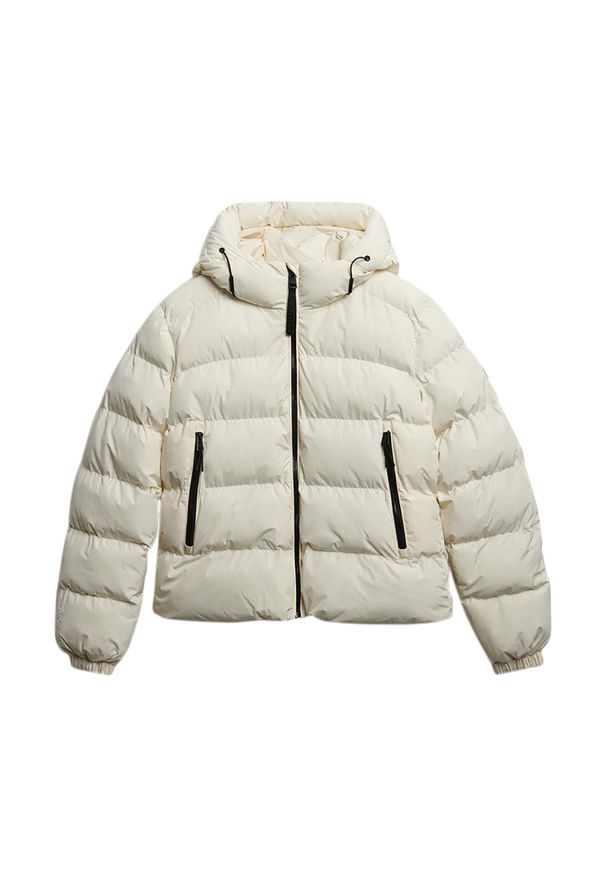 Damska kurtka z kapturem Superdry. Typ kołnierza: kaptur. Kolor: biały. Materiał: puch. Styl: sportowy