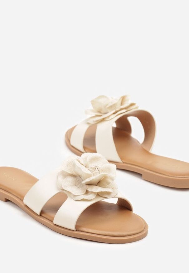 Born2be - Beżowe Klapki Vices Ozdobione Kwiatową Aplikacją 3D Koviznne. Okazja: na co dzień. Kolor: beżowy. Wzór: kwiaty, aplikacja. Sezon: lato. Styl: elegancki, casual