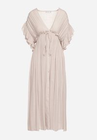 Born2be - Beżowa Taliowana Sukienka z Bawełny Ozdobiona Falbanami przy Rękawach i Gumką w Talii Rivasie. Typ kołnierza: dekolt w kształcie V. Kolor: beżowy. Materiał: bawełna. Długość rękawa: krótki rękaw. Wzór: aplikacja. Sezon: lato #6