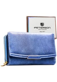 Granatowy portfel damski ze skóry ekologicznej wyposażony w system RFID - Peterson. Kolor: niebieski. Materiał: skóra ekologiczna #1