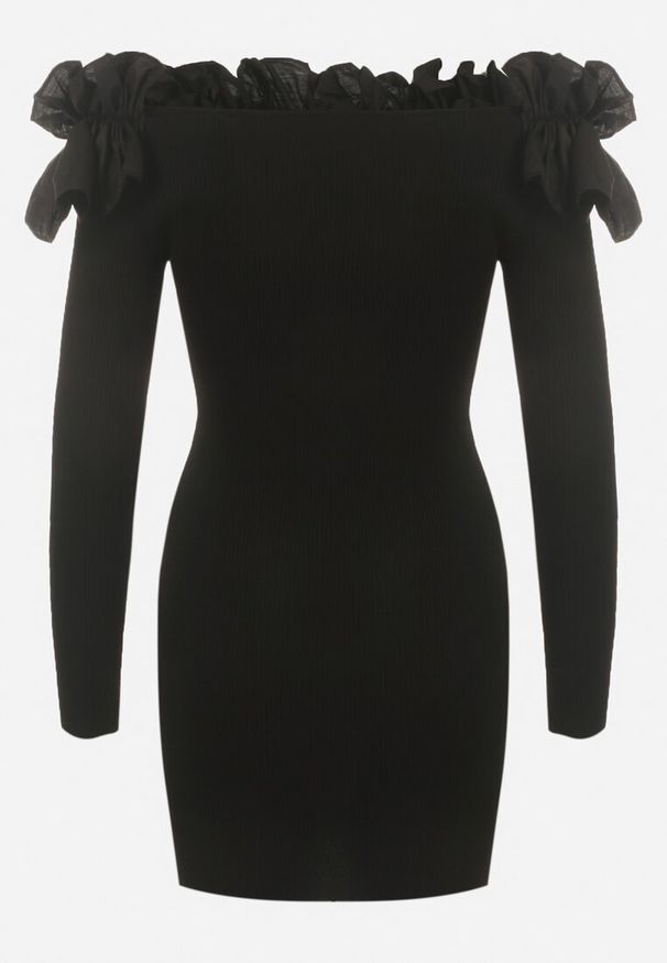 Born2be - Czarna Sukienka Hiszpanka Mini z Falbankami Xerxeni. Typ kołnierza: kołnierz z falbankami, dekolt hiszpanka. Kolor: czarny. Materiał: dzianina, prążkowany. Wzór: aplikacja, kwiaty. Długość: mini