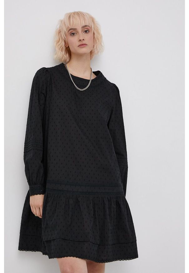 Superdry Sukienka bawełniana kolor czarny mini rozkloszowana. Kolor: czarny. Materiał: bawełna. Długość rękawa: długi rękaw. Typ sukienki: rozkloszowane. Długość: mini
